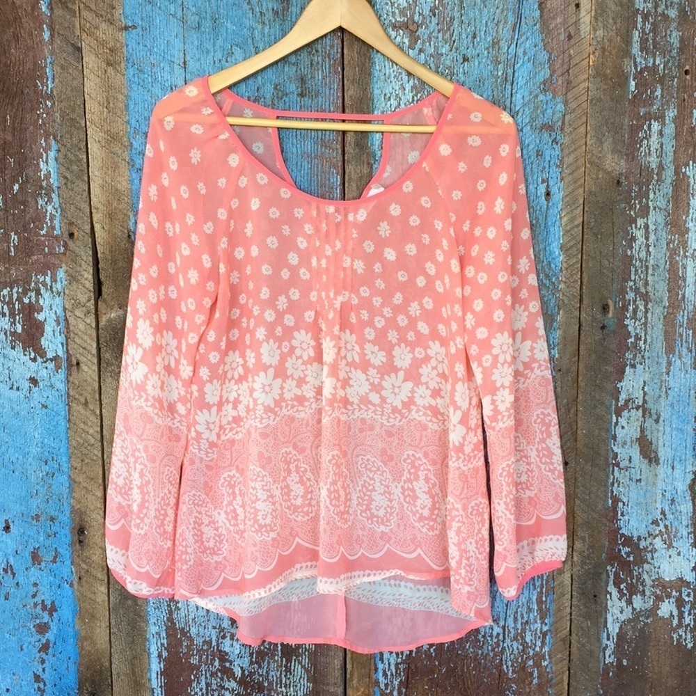 Blu Pepper Coral Floral Sheer Boho Top Size S